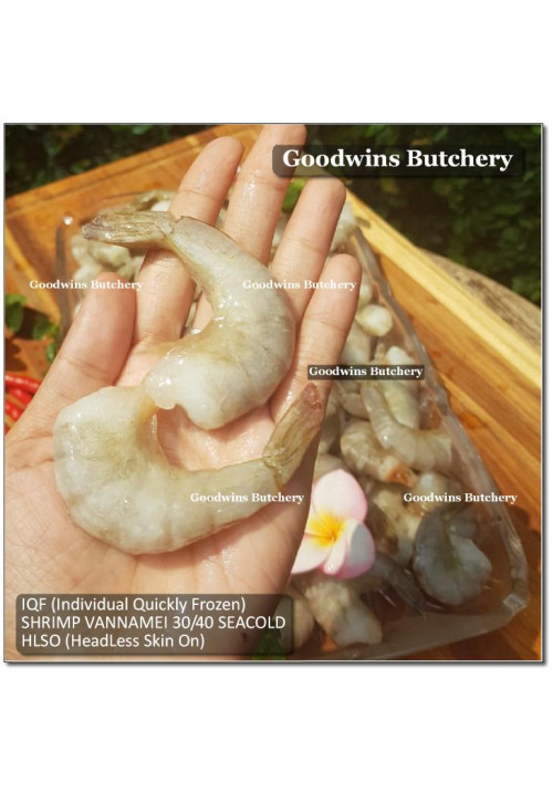 Shrimp prawn udang IQF VANNAMEI HLSO (Head-Less Skin-On) 30/40 SEACOLD (price/pack 1kg +/-80pcs)